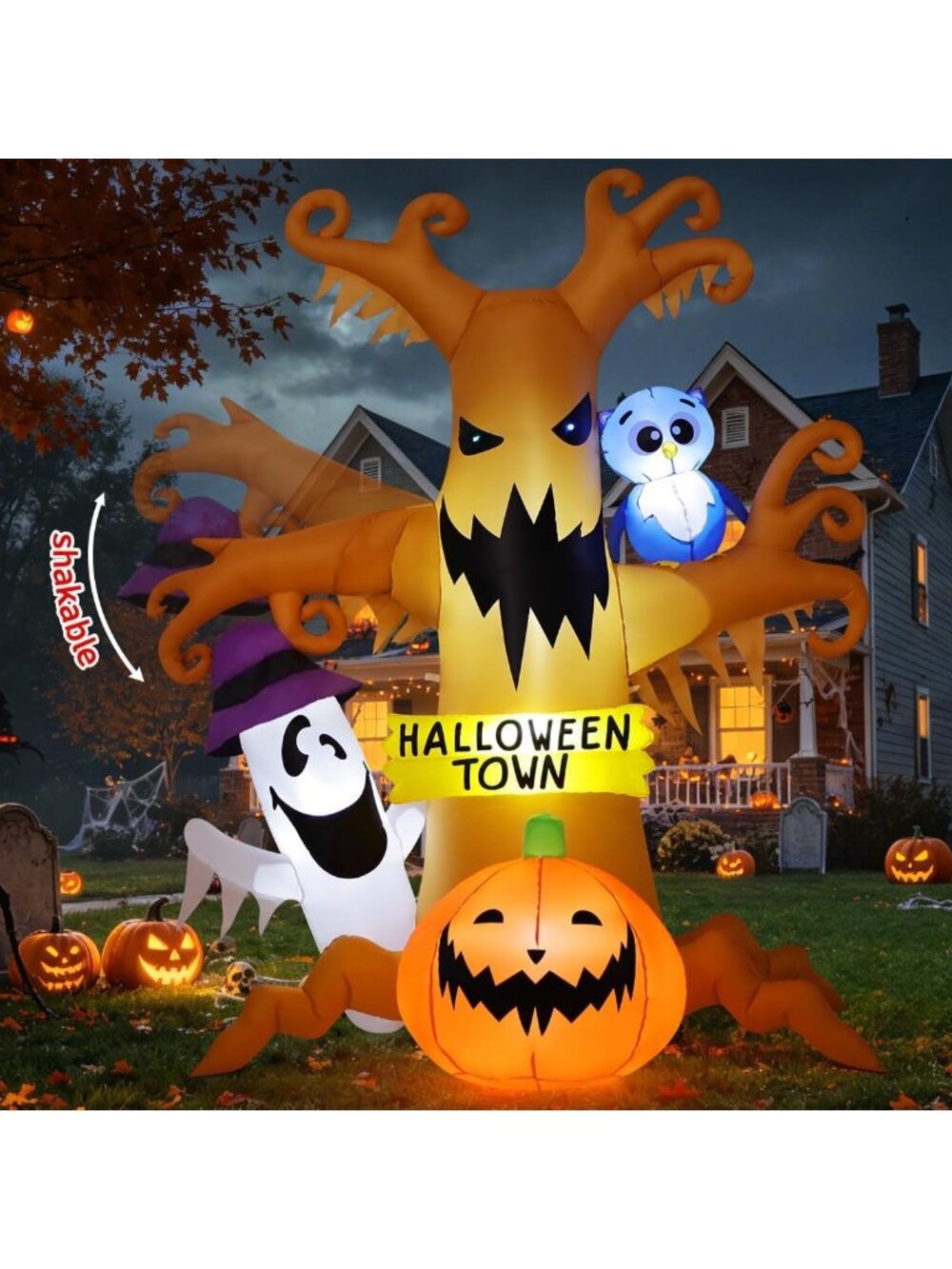 8FT Halloween Inflatable Dead Tree with Owl, Ghosts & Pumpkins - LED Yard Decor